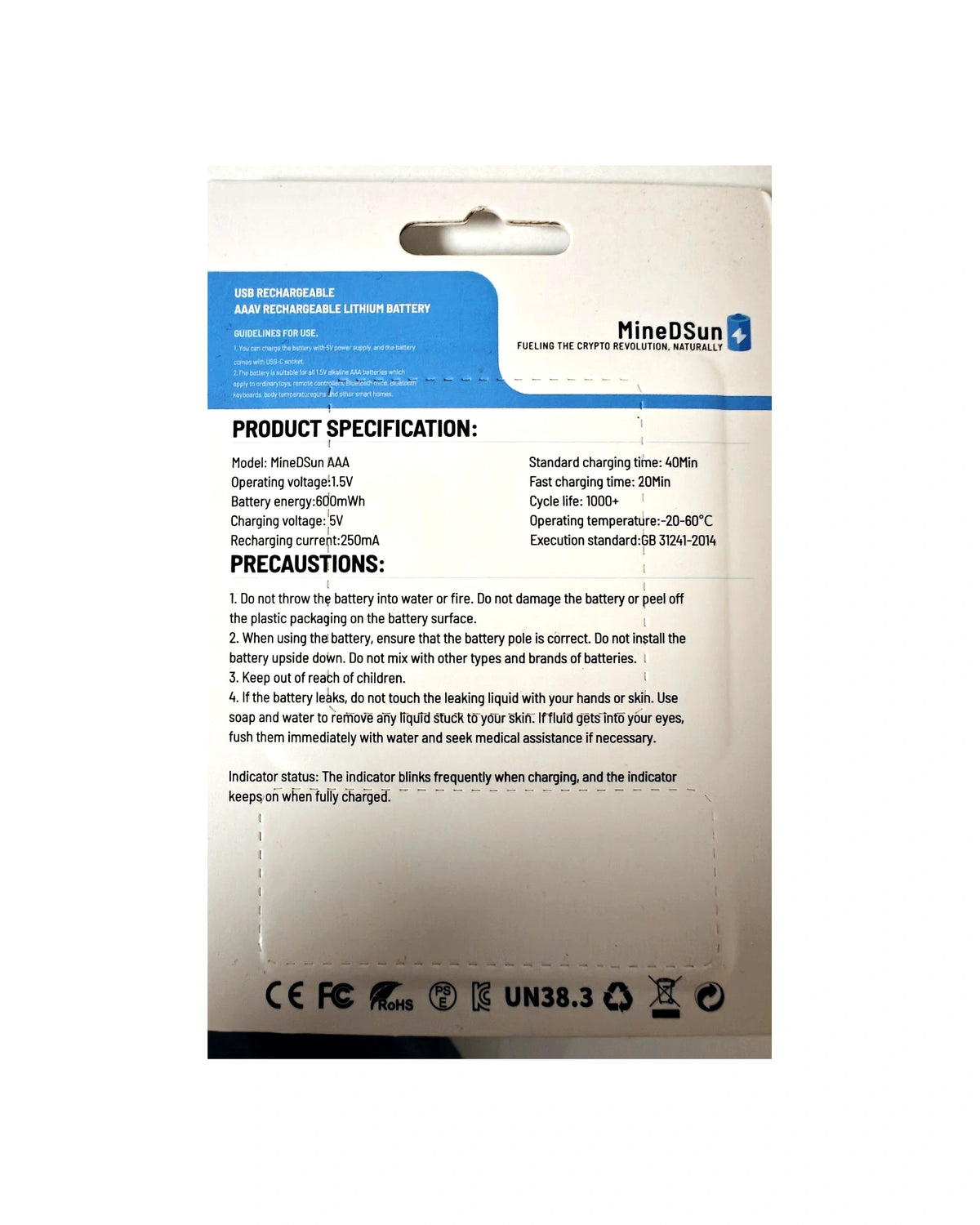 MineDSun AA rechargeable lithium battery product specifications and safety information