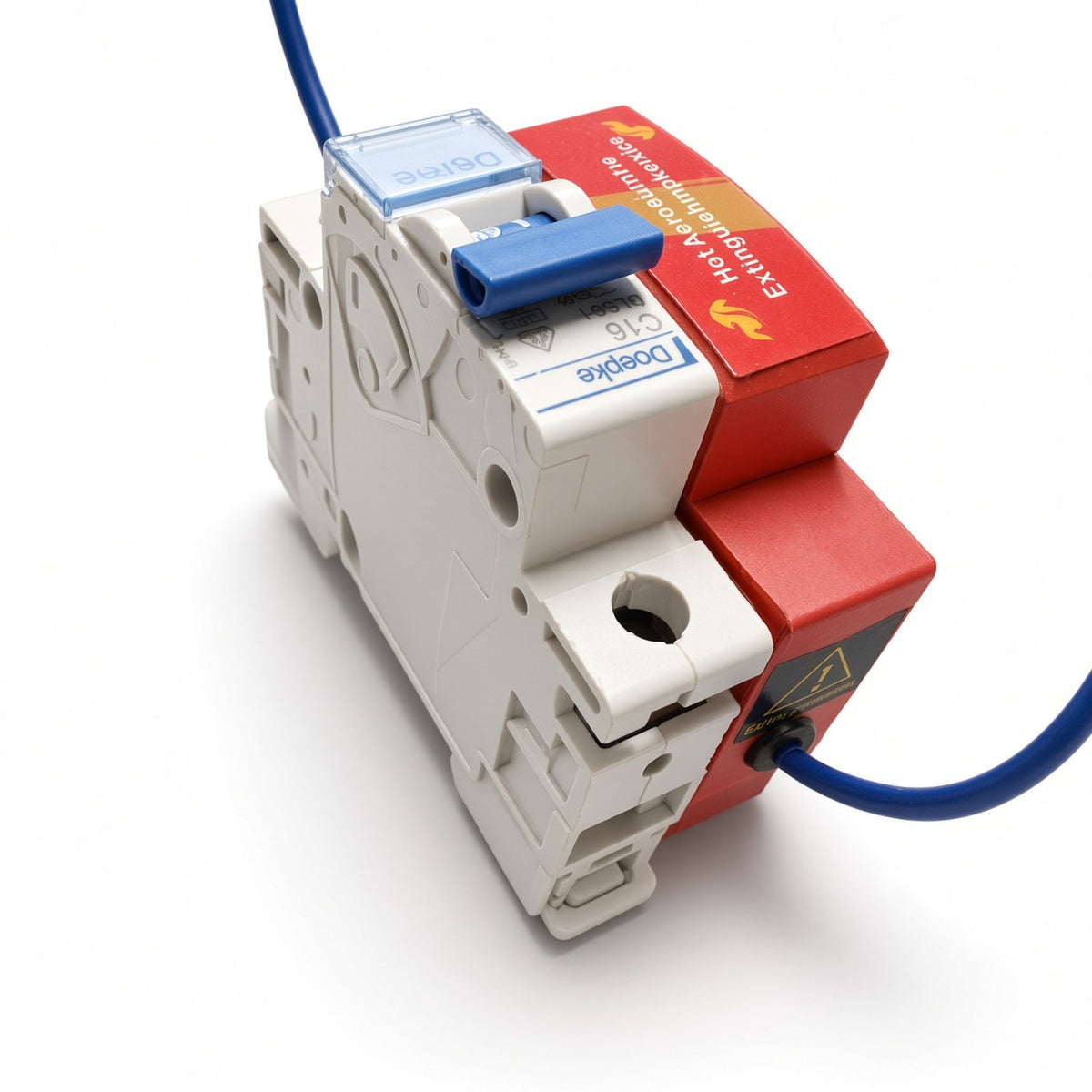 Real size comparison: QRR0.01G/S-CFLC next to a 1P Doepke C16 circuit breaker