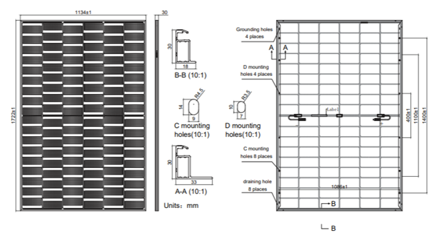 460W TOPCon half-cell solar panel – high-efficiency N-type module ENGINEERING DRAWING