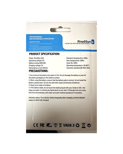 MineDSun AA rechargeable lithium battery product specifications and safety information
