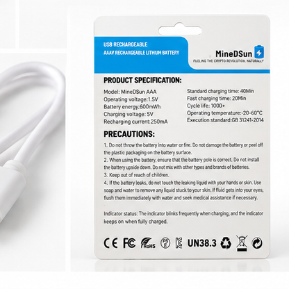 MineDSun AAA USB charging cable and product specifications