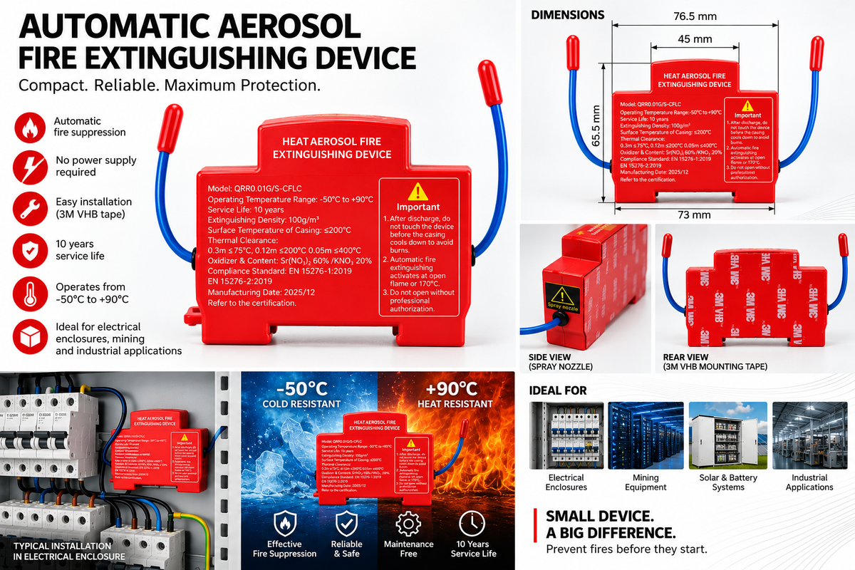 QRR0.01G/S-CFLC automatic aerosol fire extinguishing device infographic with specs, dimensions 76.5 x 65.5 mm, spray nozzle, 3M VHB rear tape, cabinet installation and applications
