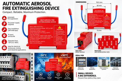 QRR0.01G/S-CFLC automatic aerosol fire extinguishing device infographic with specs, dimensions 76.5 x 65.5 mm, spray nozzle, 3M VHB rear tape, cabinet installation and applications