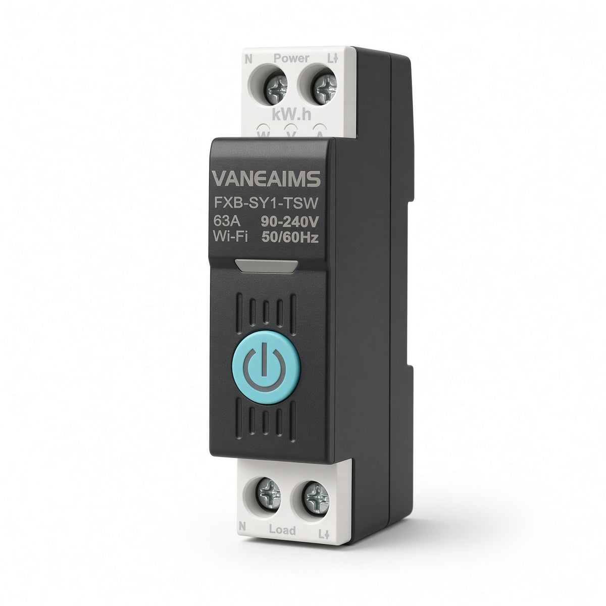 Vaneaims FXB-SY1-TSW 63A 90-240V Wi-Fi overload relay with a black and gray housing, a light blue power button, and white terminal blocks.