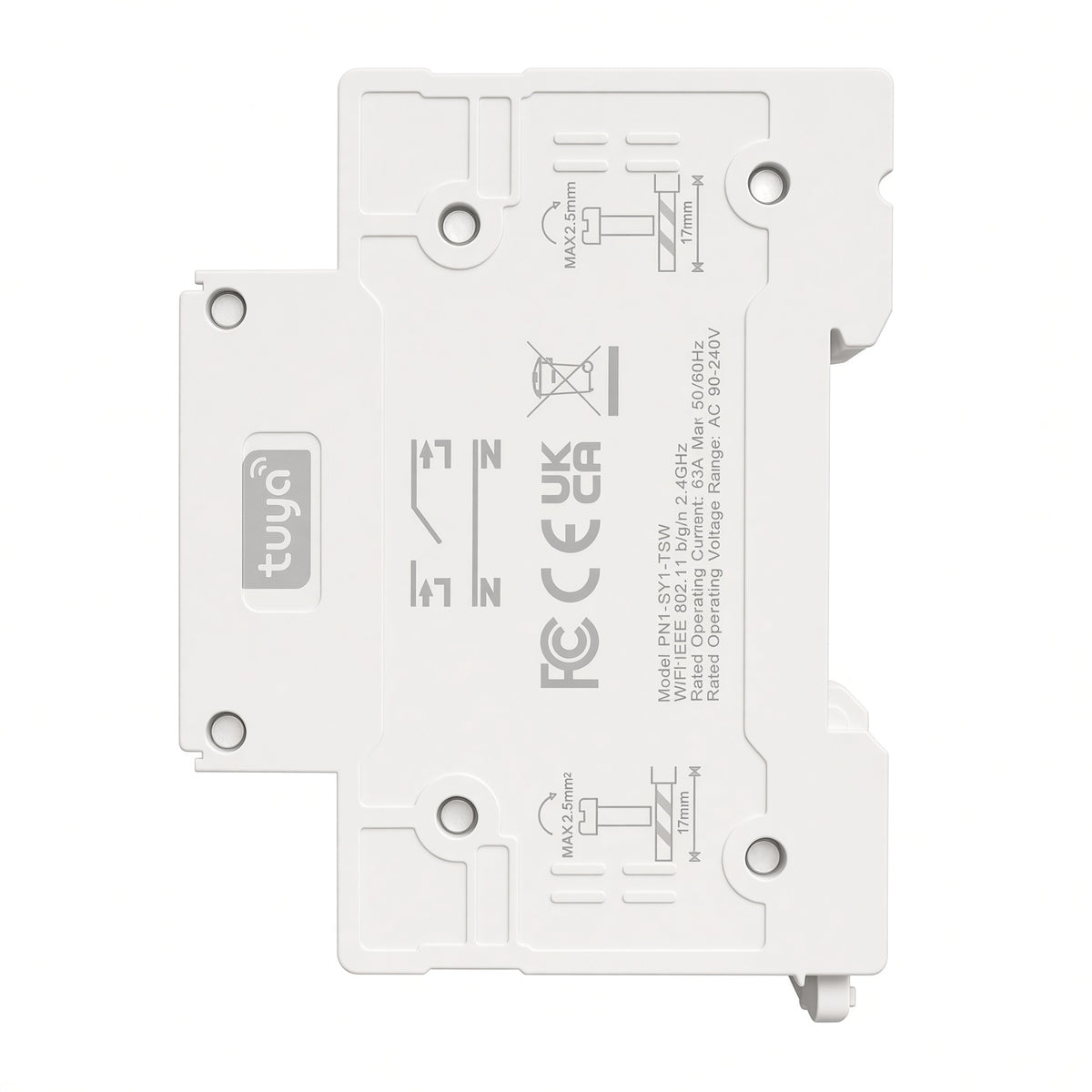 Back of the DIN rail smart switch showing Tuya logo, L and N wiring diagram, and CE, UKCA and FCC marks.