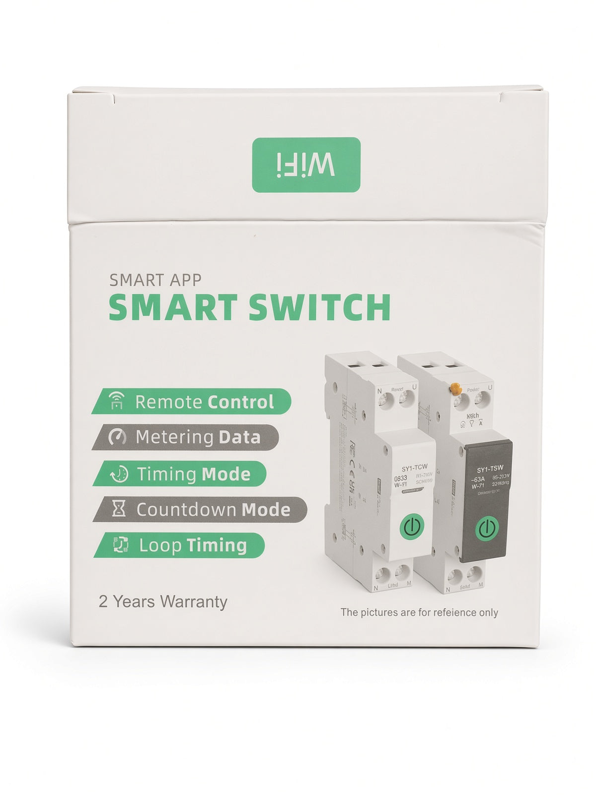 White product packaging box for a smart switch with green and gray text, featuring a 'WIFI' label at the top and an illustration of the switch module on the front.