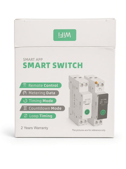 White product packaging box for a smart switch with green and gray text, featuring a 'WIFI' label at the top and an illustration of the switch module on the front.