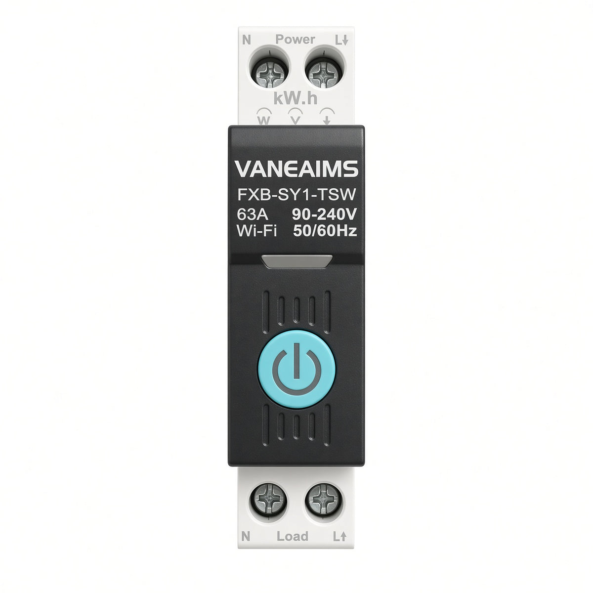 VANE AIMS FXB-SY1-TSW 63A Wi-Fi DIN rail smart switch, front view, cyan power button, white background.