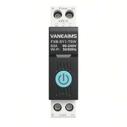 VANE AIMS FXB-SY1-TSW 63A Wi-Fi DIN rail smart switch, front view, cyan power button, white background.