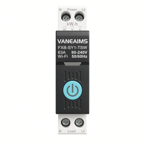 VANE AIMS FXB-SY1-TSW 63A Wi-Fi DIN rail smart switch, front view, cyan power button, white background.