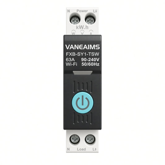 VANE AIMS FXB-SY1-TSW 63A Wi-Fi DIN rail smart switch, front view, cyan power button, white background.